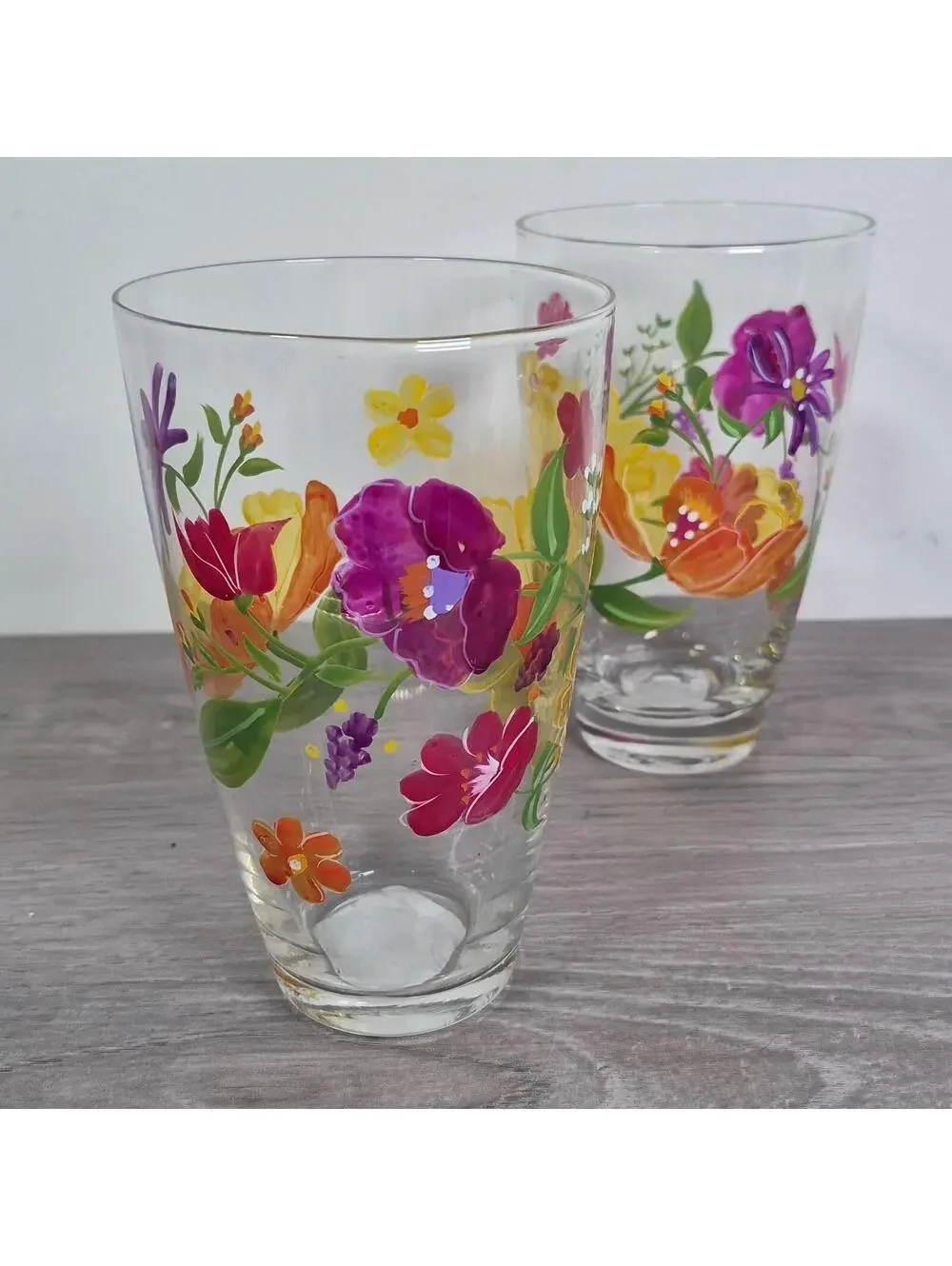 Pier 1 Tall Tumbler Set of 4 Mouth Blown Painted Floral Summer Glasses